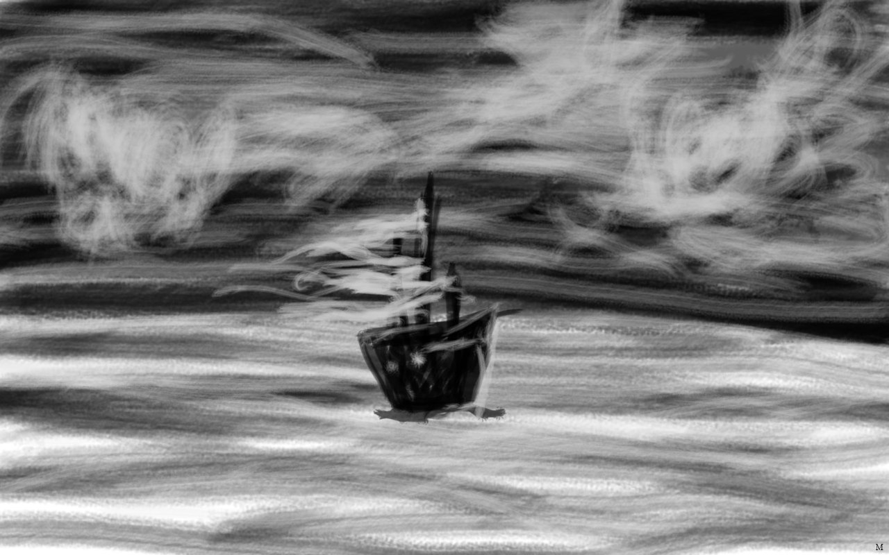 Black and white painting of an old-fashioned sailing ship on a rough sea. The image is rendered in dynamic wide-brushed strokes and squiggles