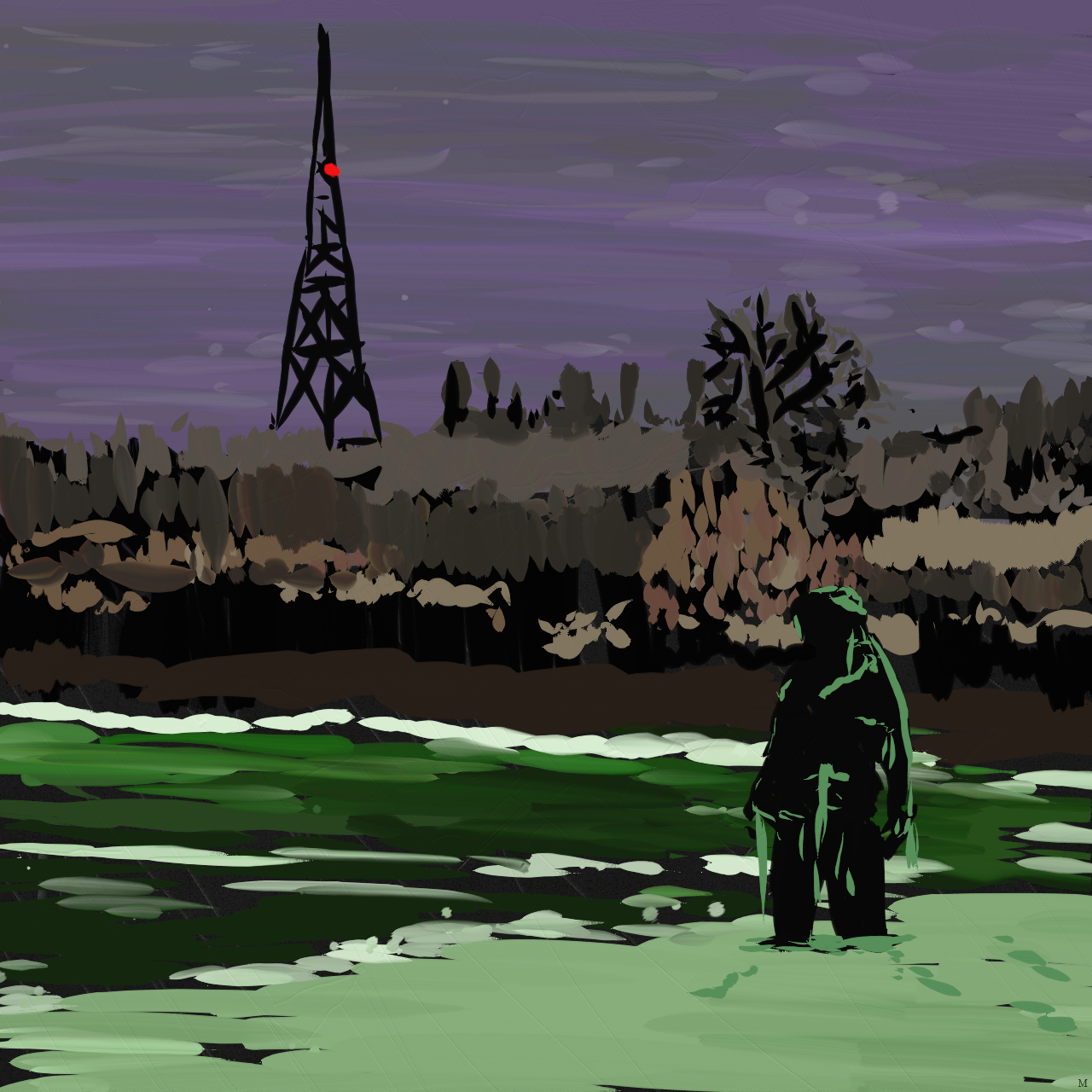 rough-painted image of a shadowed figure standing in a green body of water. brown shrubs and dry grass lines the shore. in the distance a radio tower with a single red light stands against a sky of purple and grey