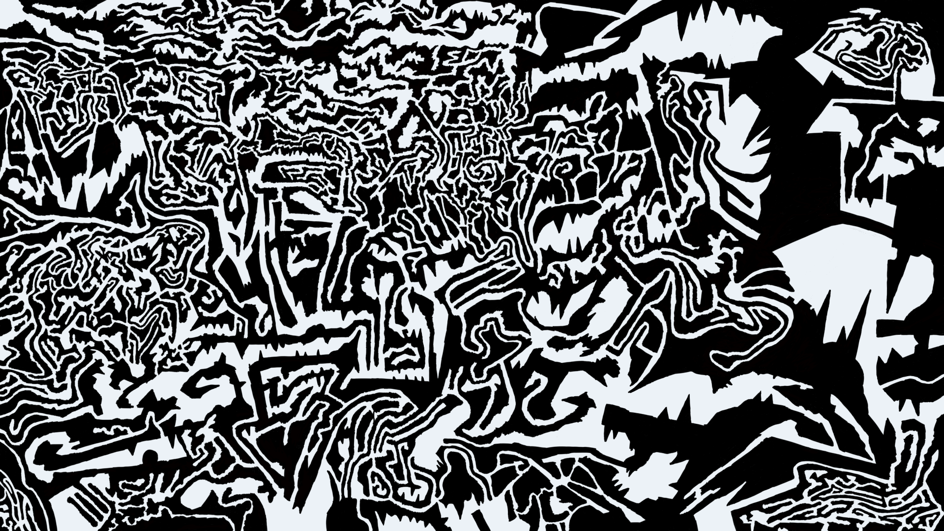 Chaotic black and white drawing. An abstract and sprawling labyrinth of high-contrast black and white. The paths form both dense, intricate sections that twist and coil in upon each other, as well as less frequent larger areas of whitespace.